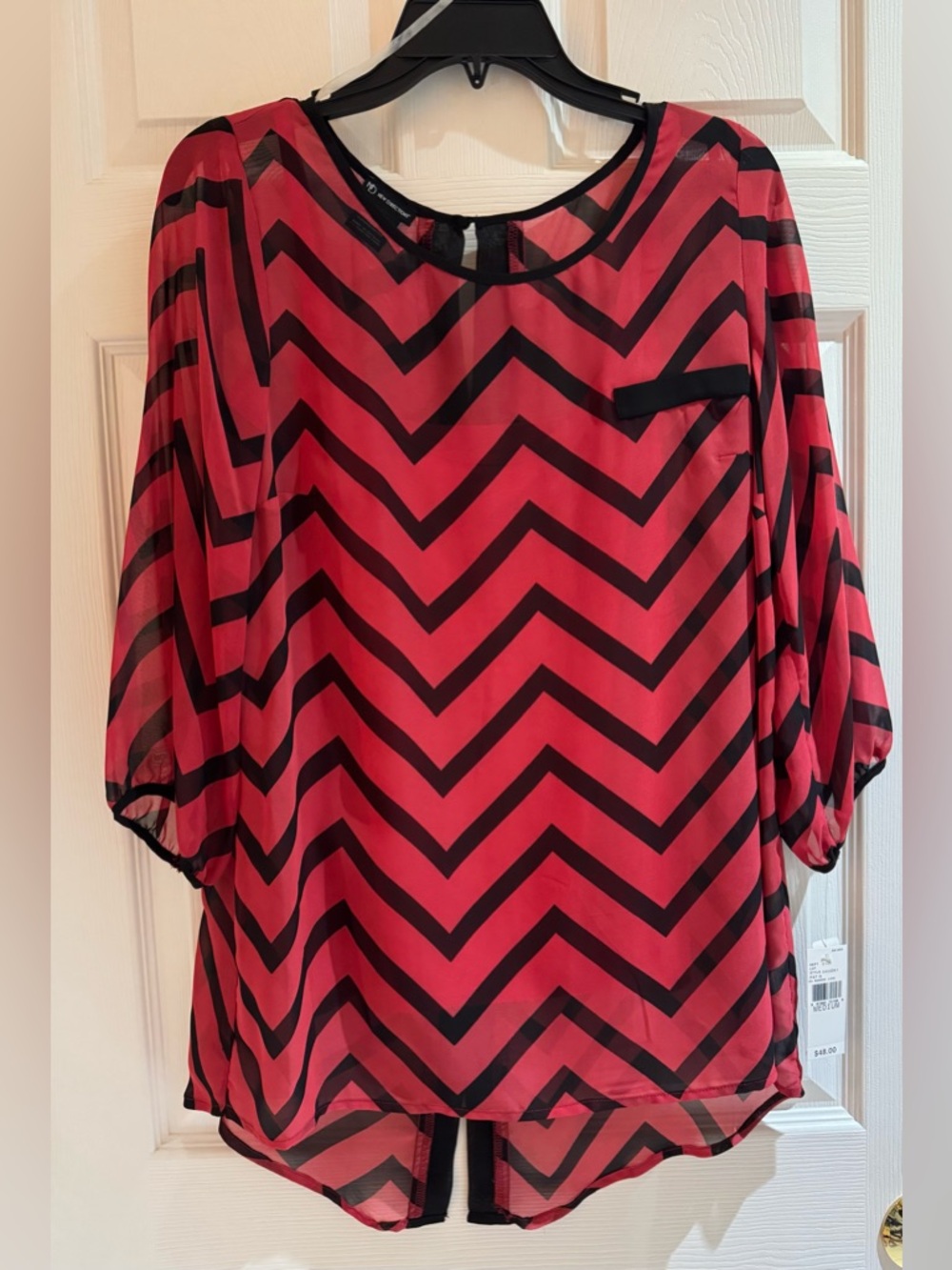 new directions Red & Black Chevron Sheer Blouse, NEW / NWT. Size Med